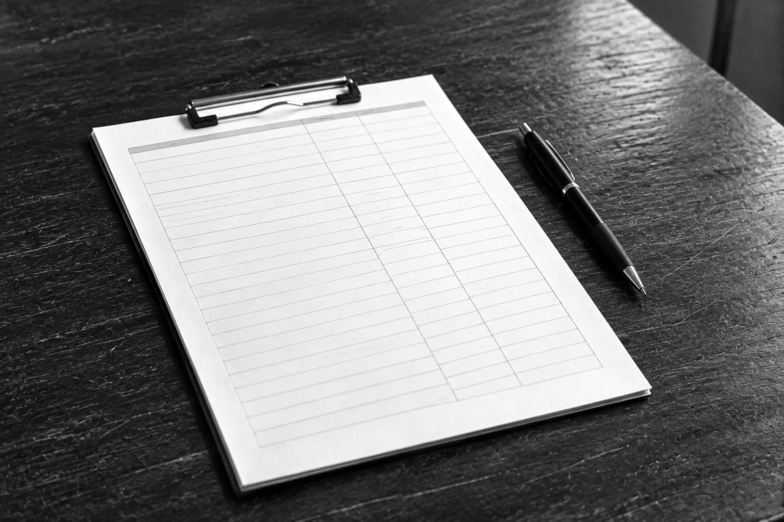 Render of a blank form on a clipboard with a pencil across its corner, on a dark wooden table.