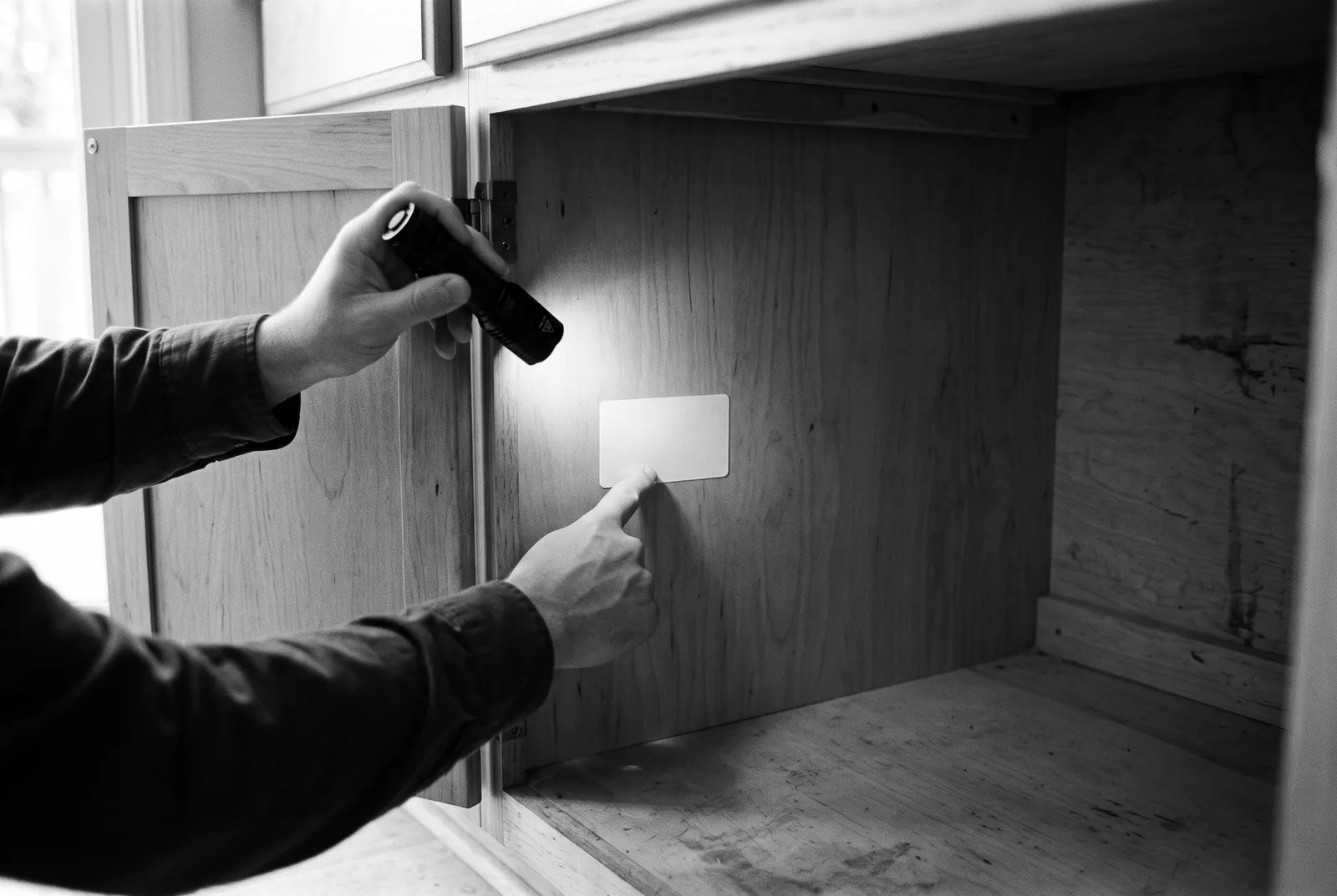 Render of a hand pointing at a small blank sticker on the inside wall of a cabinet, lit by a flashlight held in the other hand.