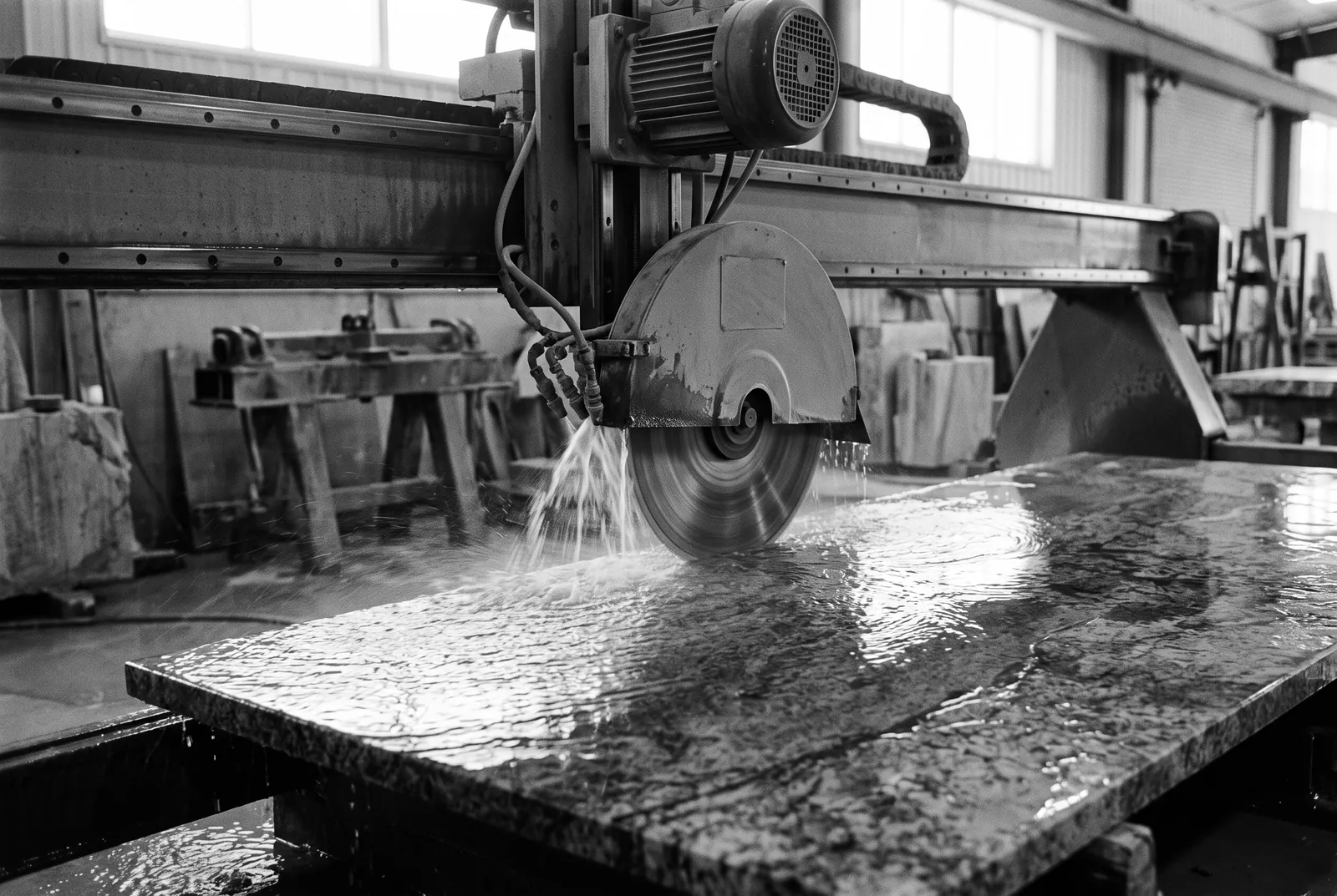 Render of a bridge saw cutting a stone slab with water pouring onto the blade and across the wet surface.