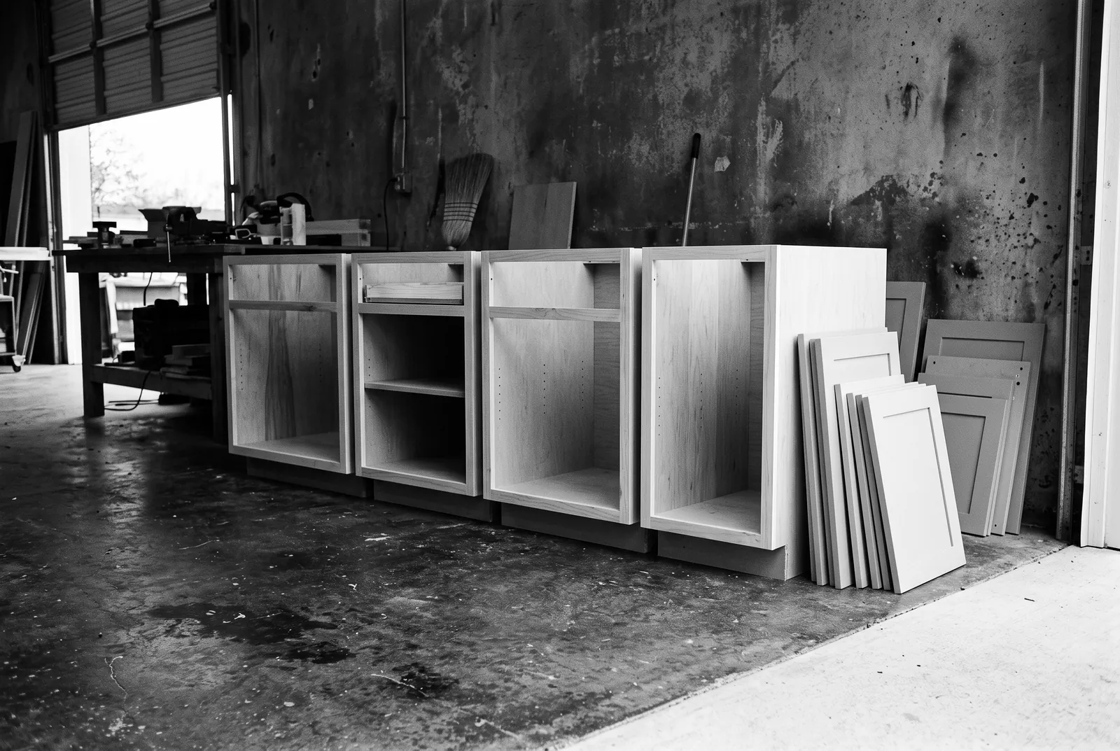 Render of four new kitchen base cabinet boxes with no doors on a workshop floor, their doors and drawer fronts stacked against the wall beside them.
