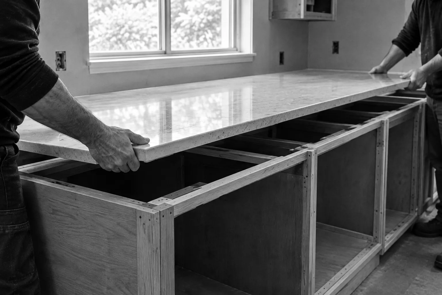 Render of two pairs of hands lowering a speckled stone countertop onto bare cabinet boxes.