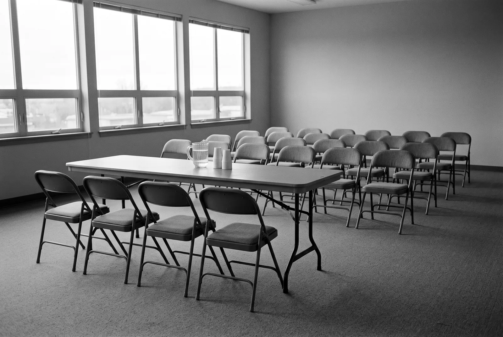 Render of an empty room with a long folding table at the front and rows of empty folding chairs facing it.