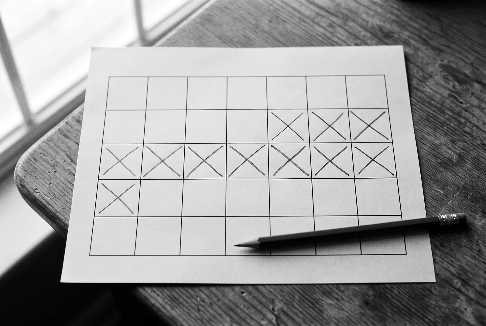 Render of a sheet with a grid of empty squares on a wooden table, a run of squares crossed out in pencil, and a pencil beside it.