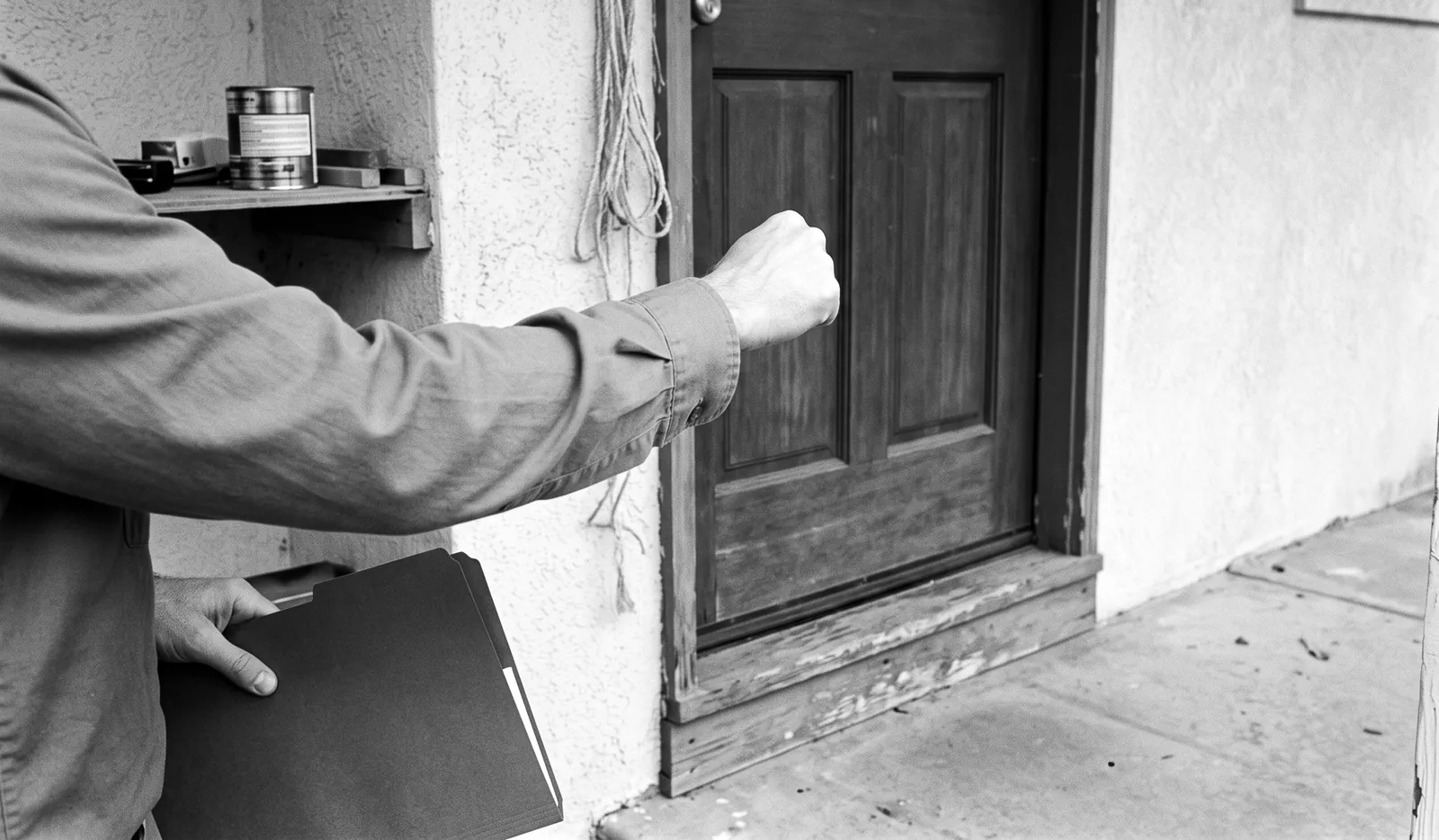 Render of a raised fist about to knock on a wooden front door of a stucco house, the other hand holding a closed folder.