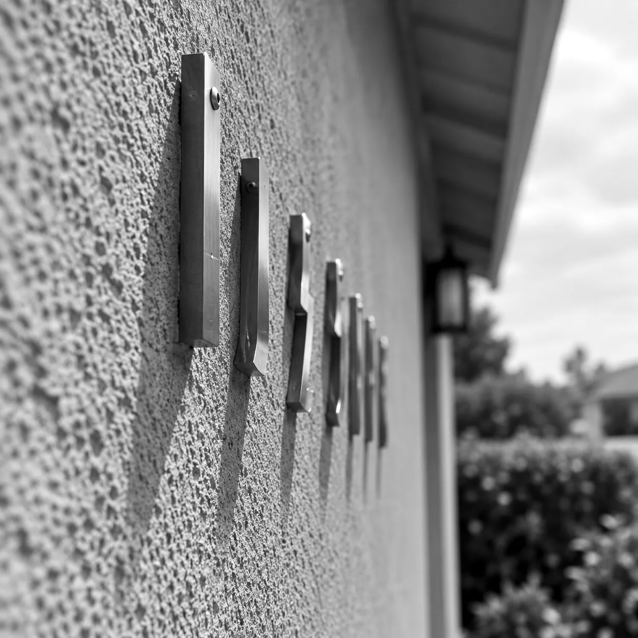 Render of metal house numbers on a textured stucco wall, seen at a steep angle beside the eave.