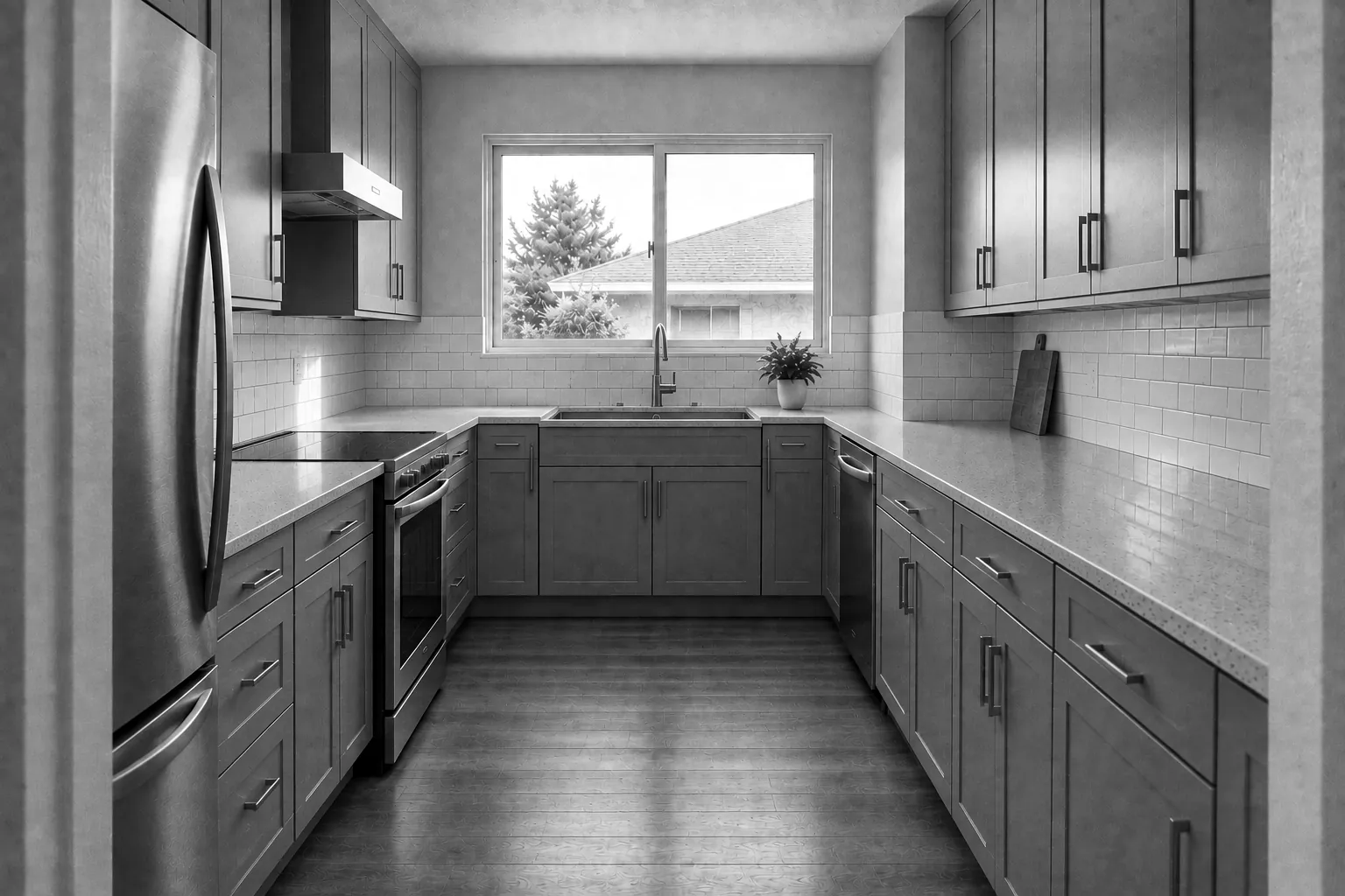 Render of one example kitchen after the remodel, with painted shaker cabinets, light stone counters, a slide-in range and a single sink under the window.