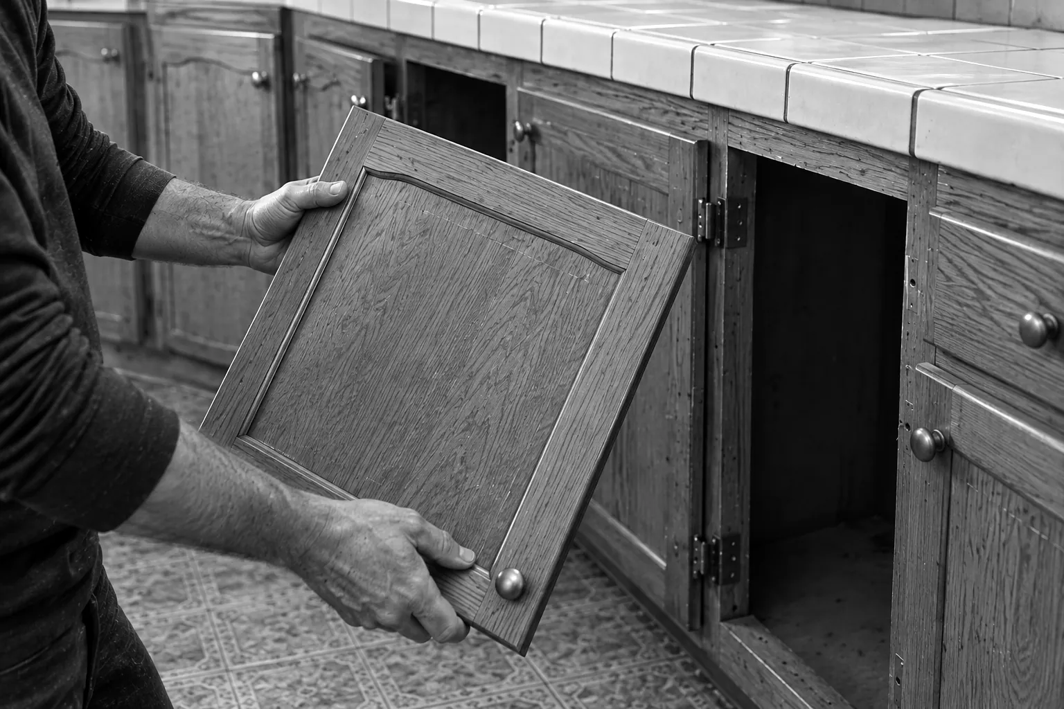Render of two hands lifting one oak cabinet door off its hinges while the other doors stay in place.