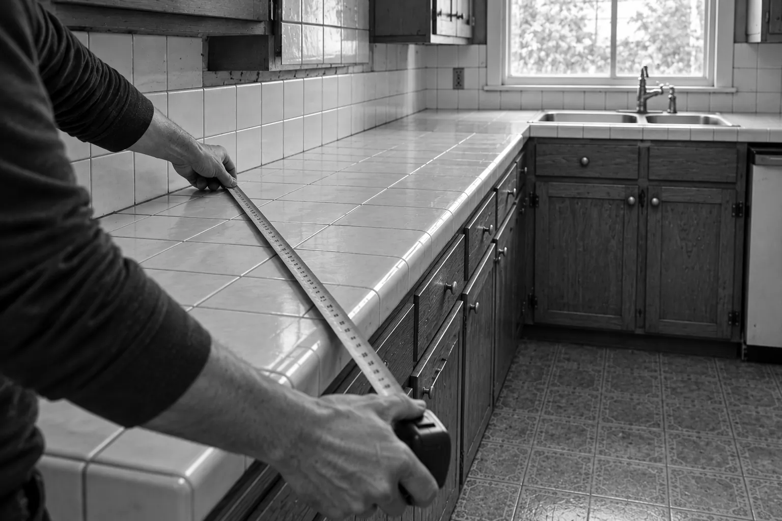 Render of a steel tape measure laid along the full length of an old tiled kitchen counter, held at the far end by one hand.