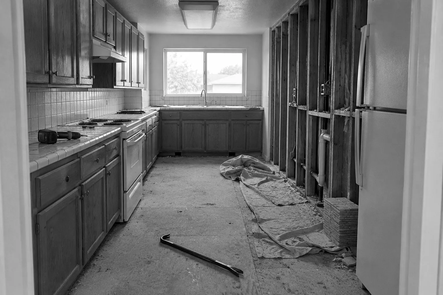Render of a kitchen left halfway through demolition: a crowbar on the subfloor, a dust sheet and bare wall studs.