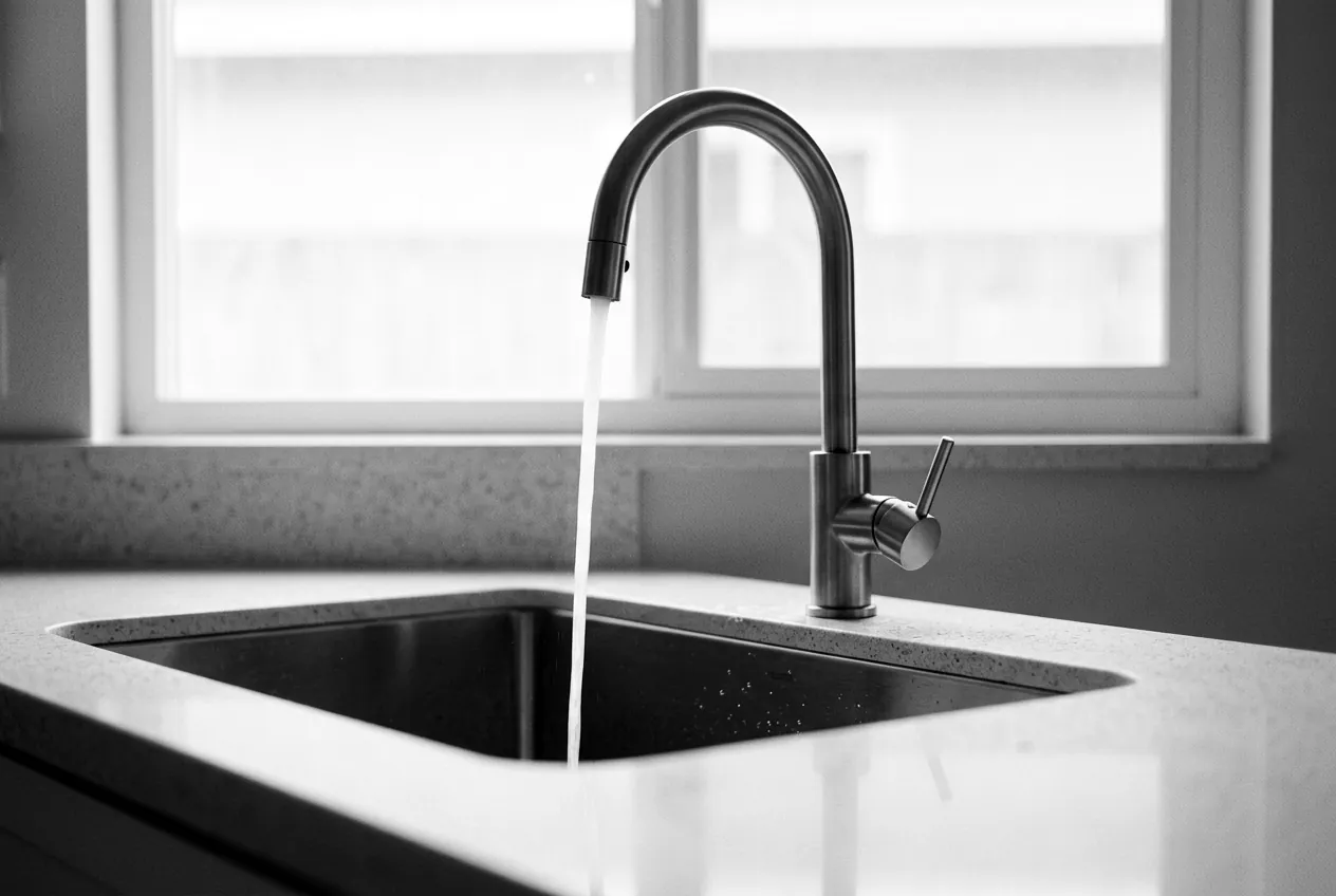 Render of a slim gooseneck kitchen faucet running into a deep stainless sink under a window.