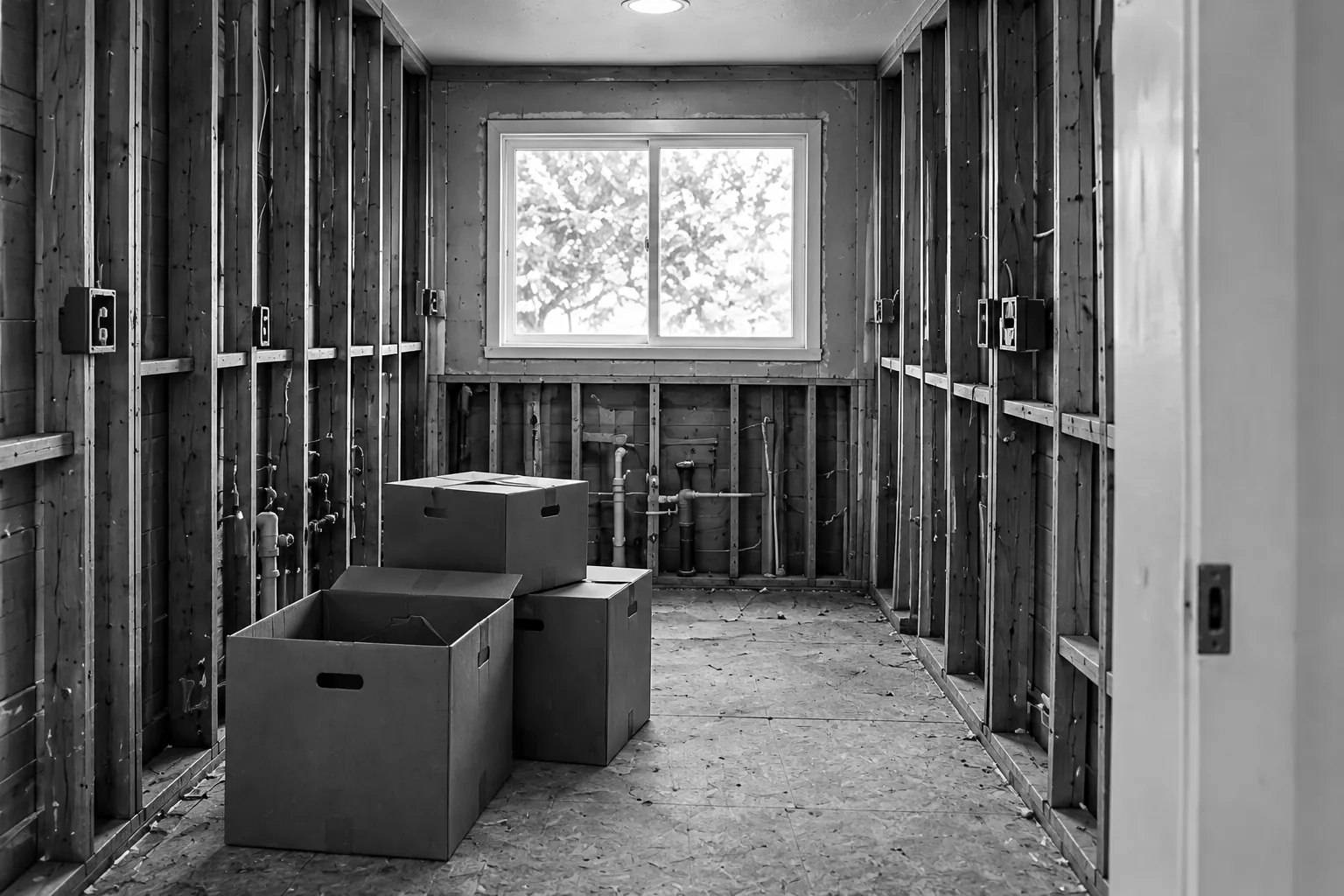 Render of plain cardboard cartons stacked down the middle of a kitchen stripped to bare studs.