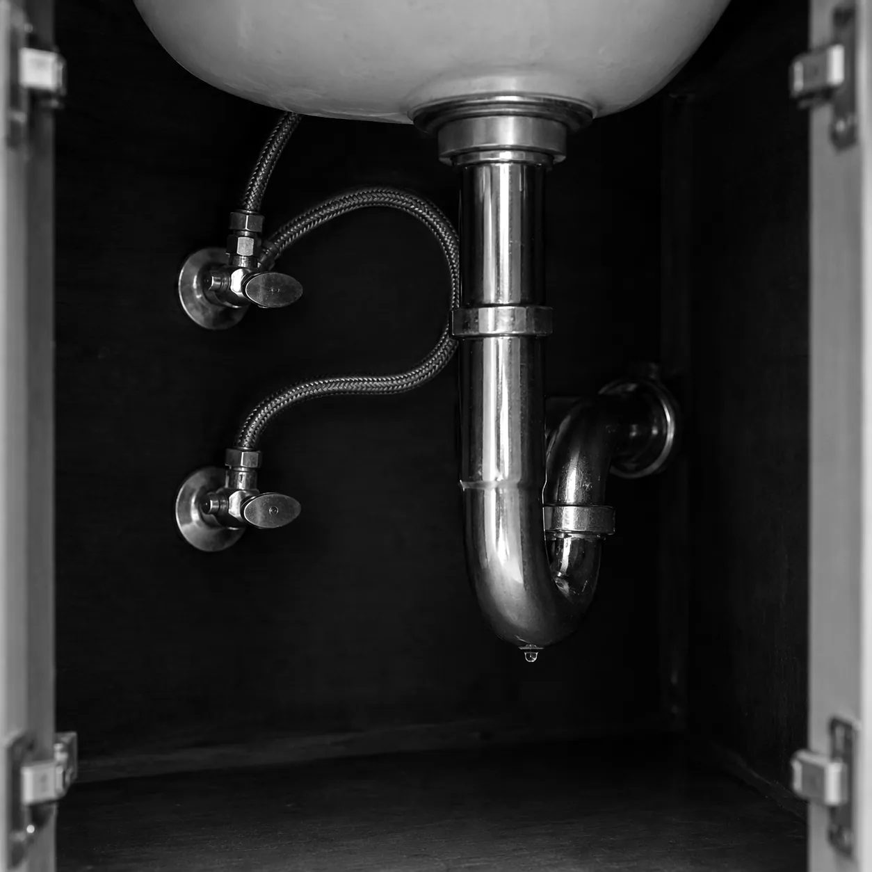 Render of the open cabinet under a kitchen sink: a chrome drain trap, two shutoff valves and braided supply lines.