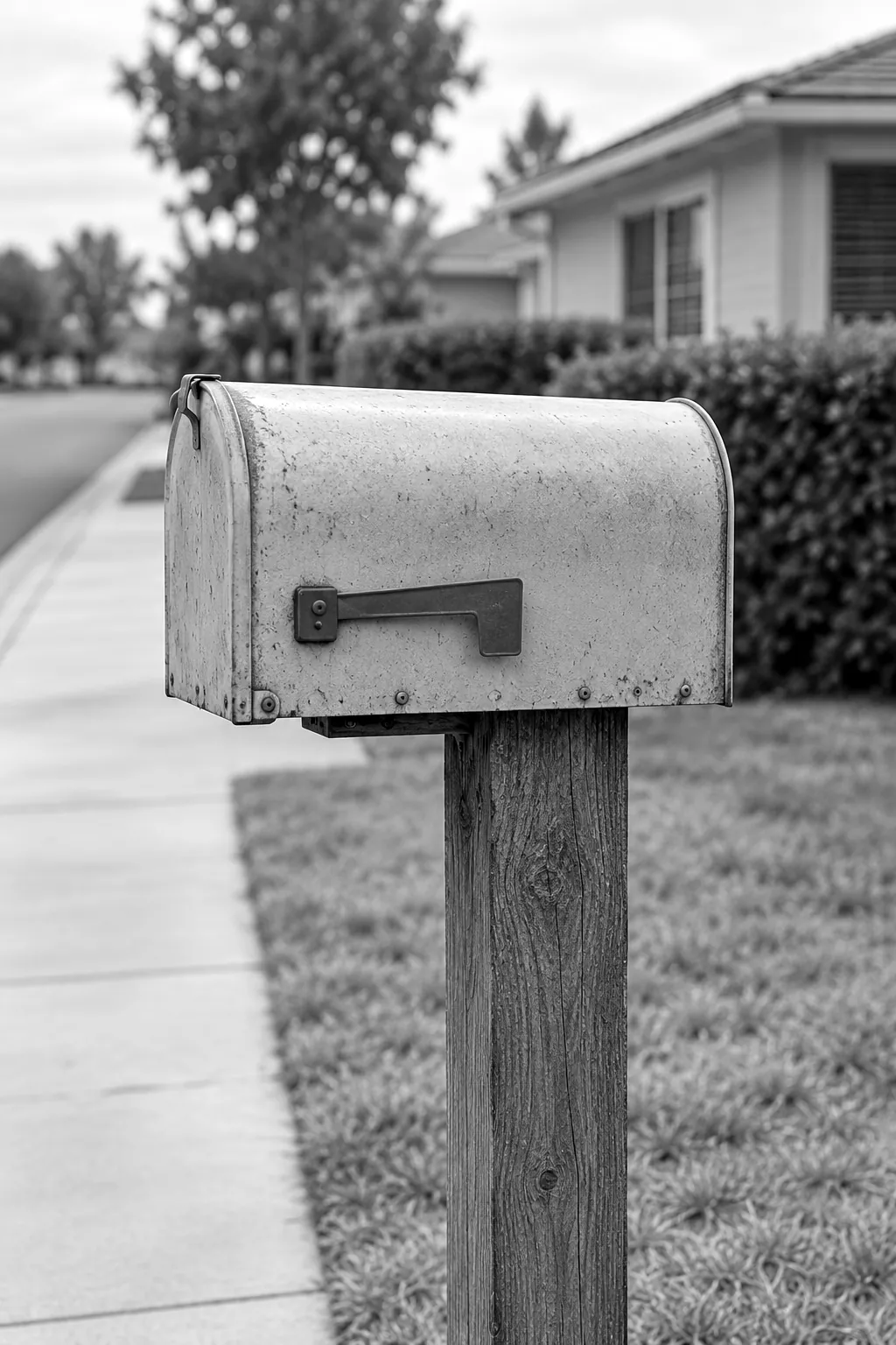 Render of a plain metal mailbox on a wooden post at the edge of a sidewalk, a house blurred behind it.