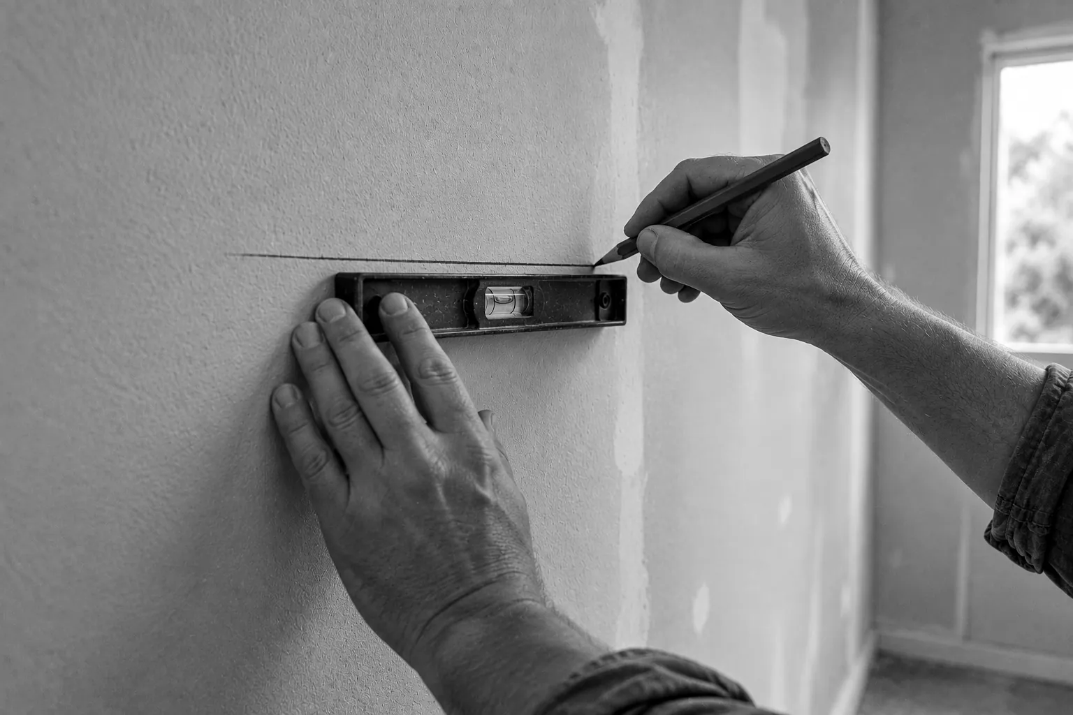 Render of two hands holding a level on new drywall and drawing a pencil line where the kitchen cabinets will hang.