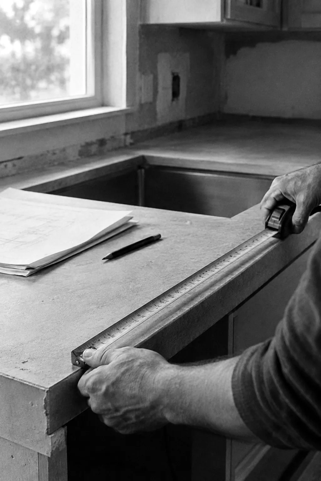Render of hands measuring a kitchen counter with a tape measure before the remodel is priced, with plans and a pencil beside them.