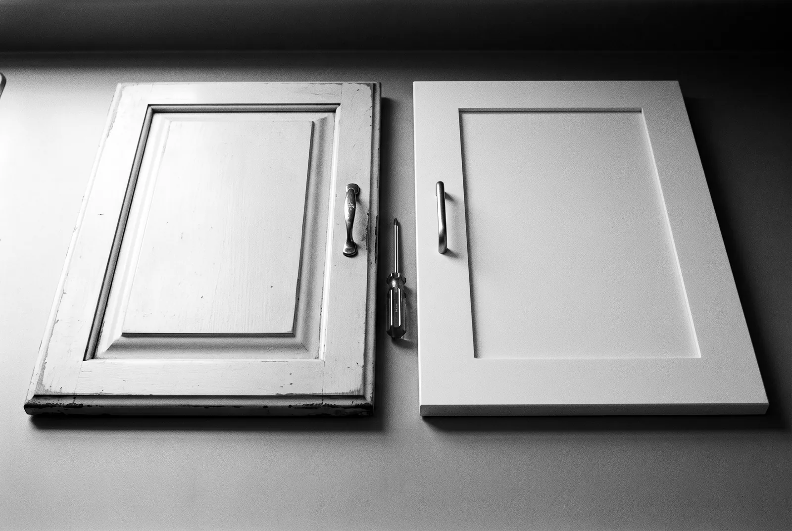 Render of a worn raised panel cabinet door beside a plain new flat panel door of the same size, with a screwdriver between them.