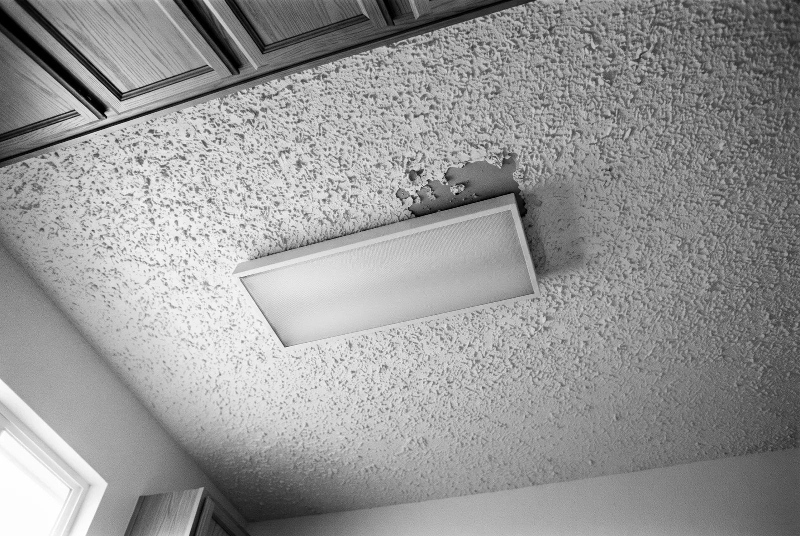 Render of an old sprayed on textured ceiling in a dated kitchen, with a fluorescent light box and oak upper cabinets.