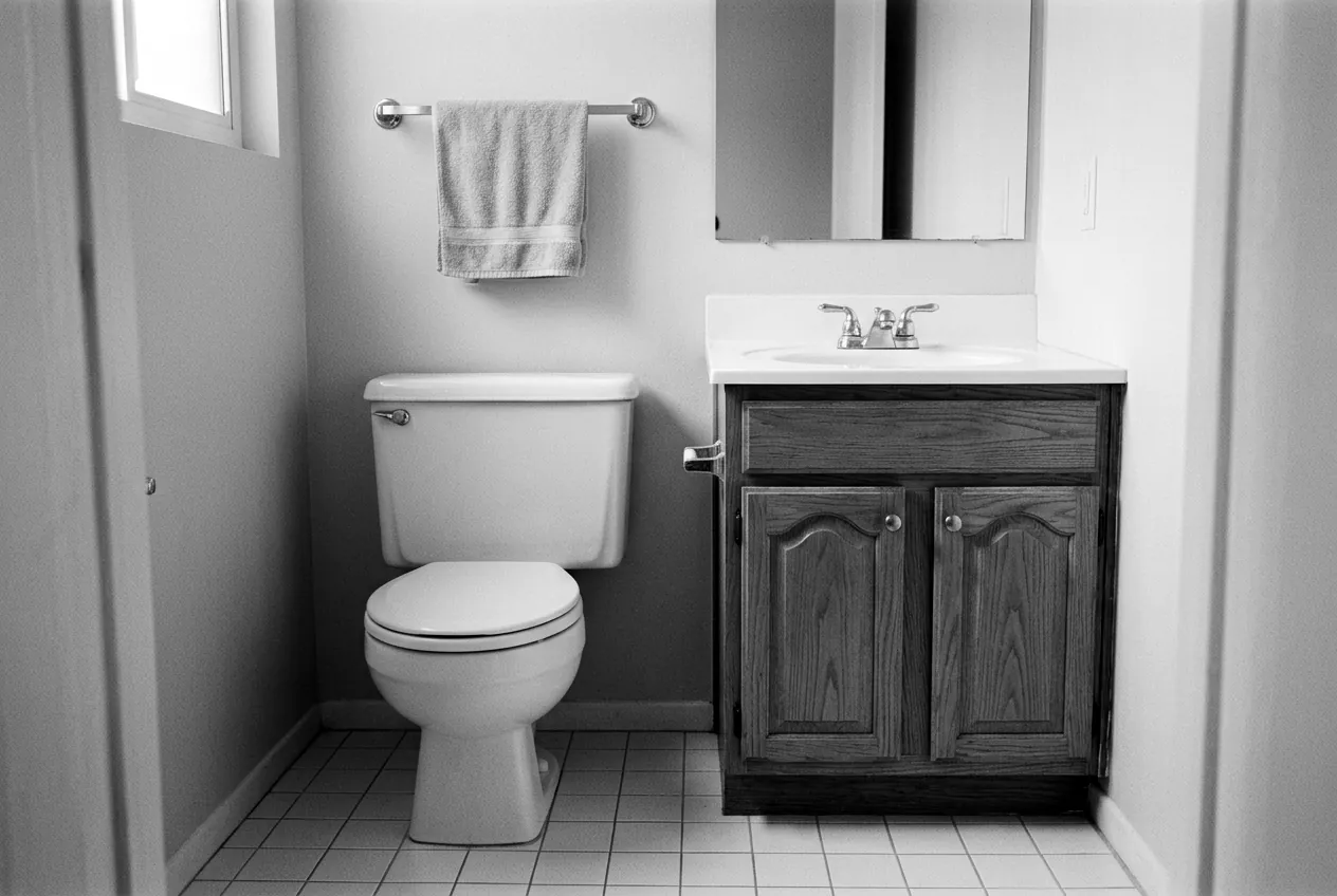 Render of a dated hall bathroom: an older toilet beside an oak vanity with a single sink.