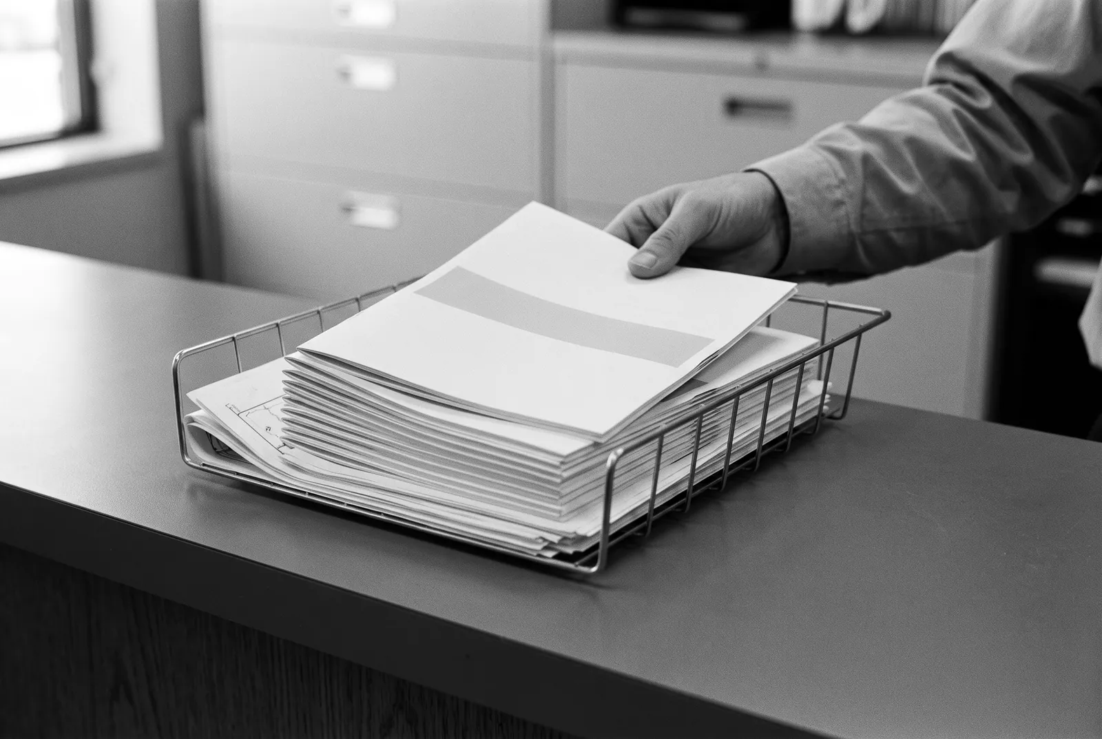 Render of a hand laying a stapled set of blank papers on a stack in a wire tray on an office counter.
