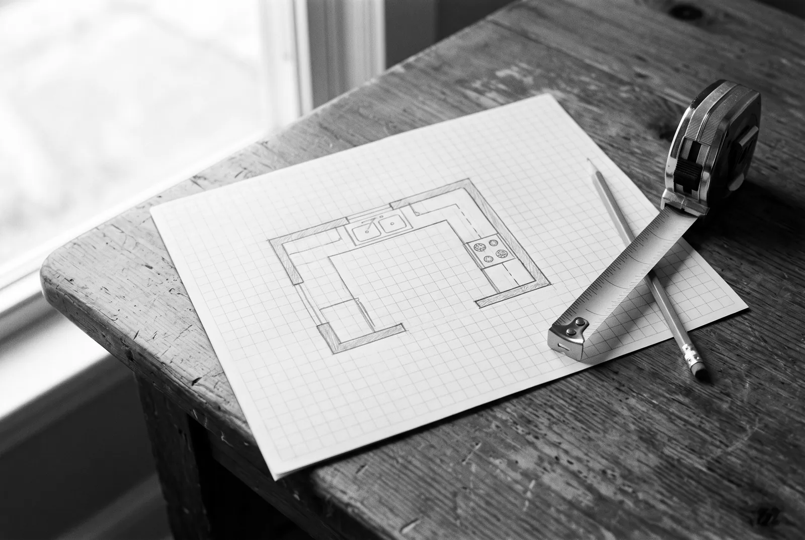 Render of a pencil sketch of a small kitchen floor plan on graph paper, with a tape measure and a pencil on a wooden table.