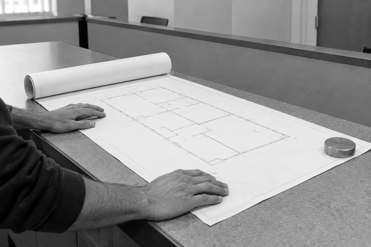 Render of two hands flattening a rolled floor plan drawing across a plain public service counter.
