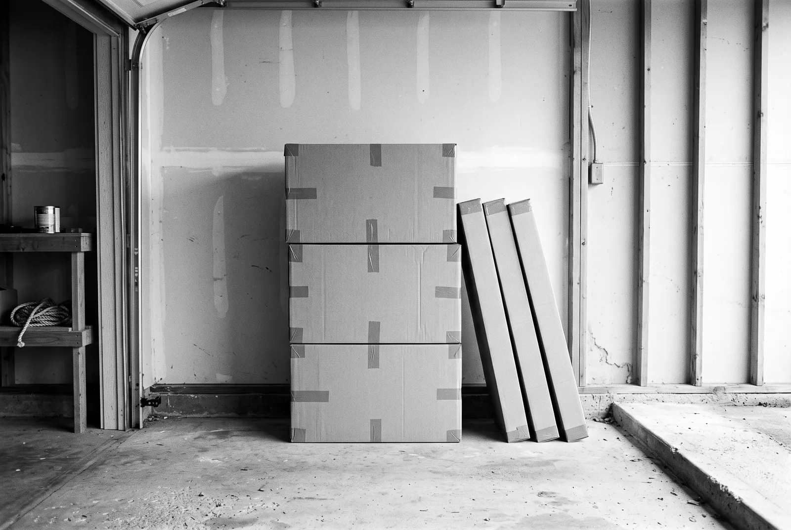 Render of sealed, unprinted cardboard cabinet boxes stacked against a garage wall, with three long flat boxes leaning beside them on a concrete floor.