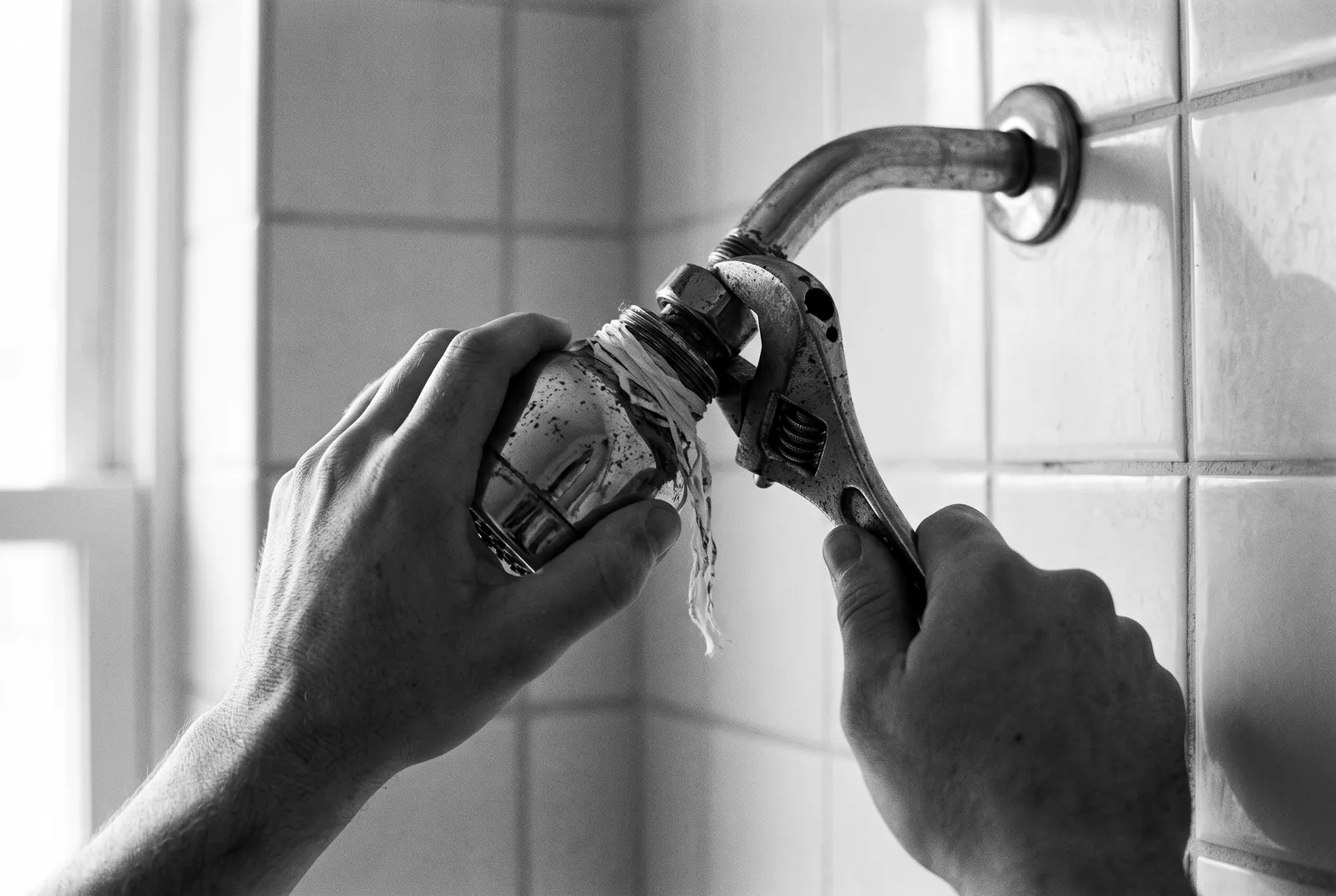 Render of two hands unscrewing an old chrome showerhead from its wall arm with an adjustable wrench, old tape on the threads.