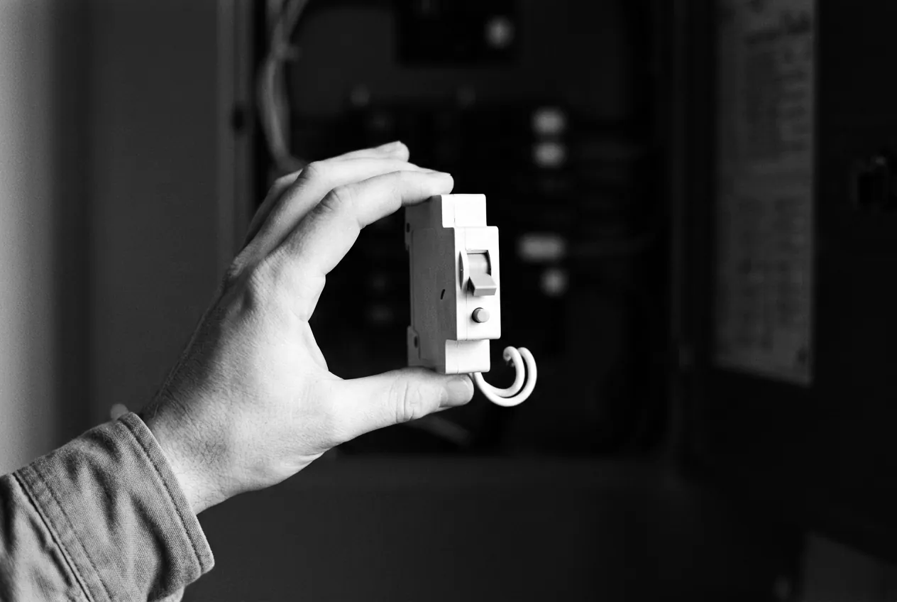 Render of a hand holding a single circuit breaker with a small test button, an open panel behind it.