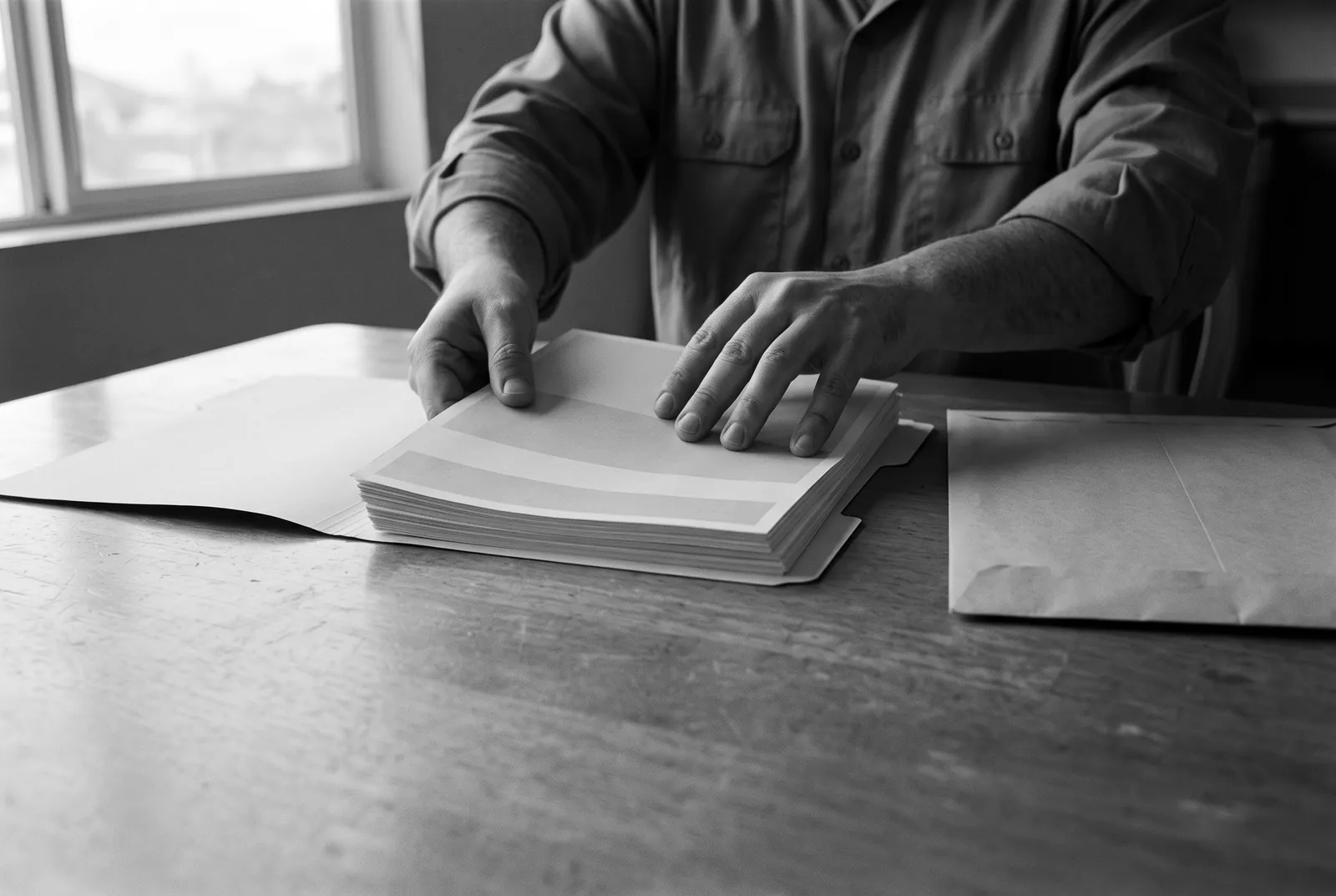 Render of two hands sliding a squared stack of blank papers into an open folder on a wooden table, with a large plain envelope beside them.