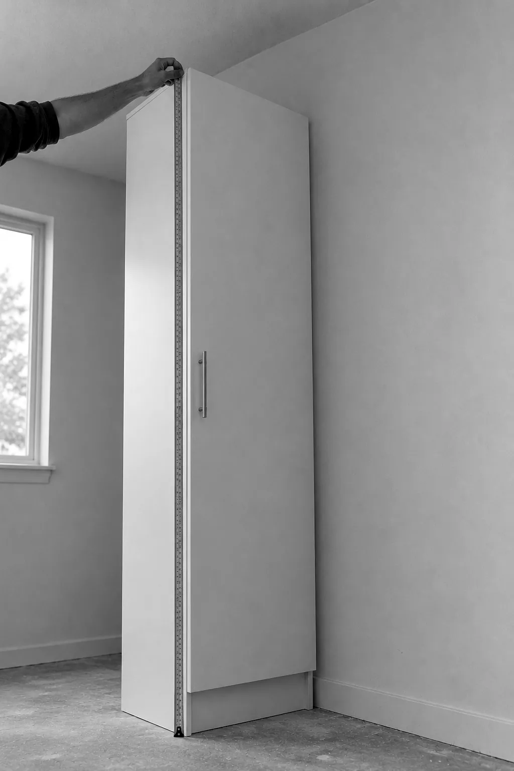 Render of a hand holding a steel tape measure up the side of a tall cabinet, from the floor to its top.