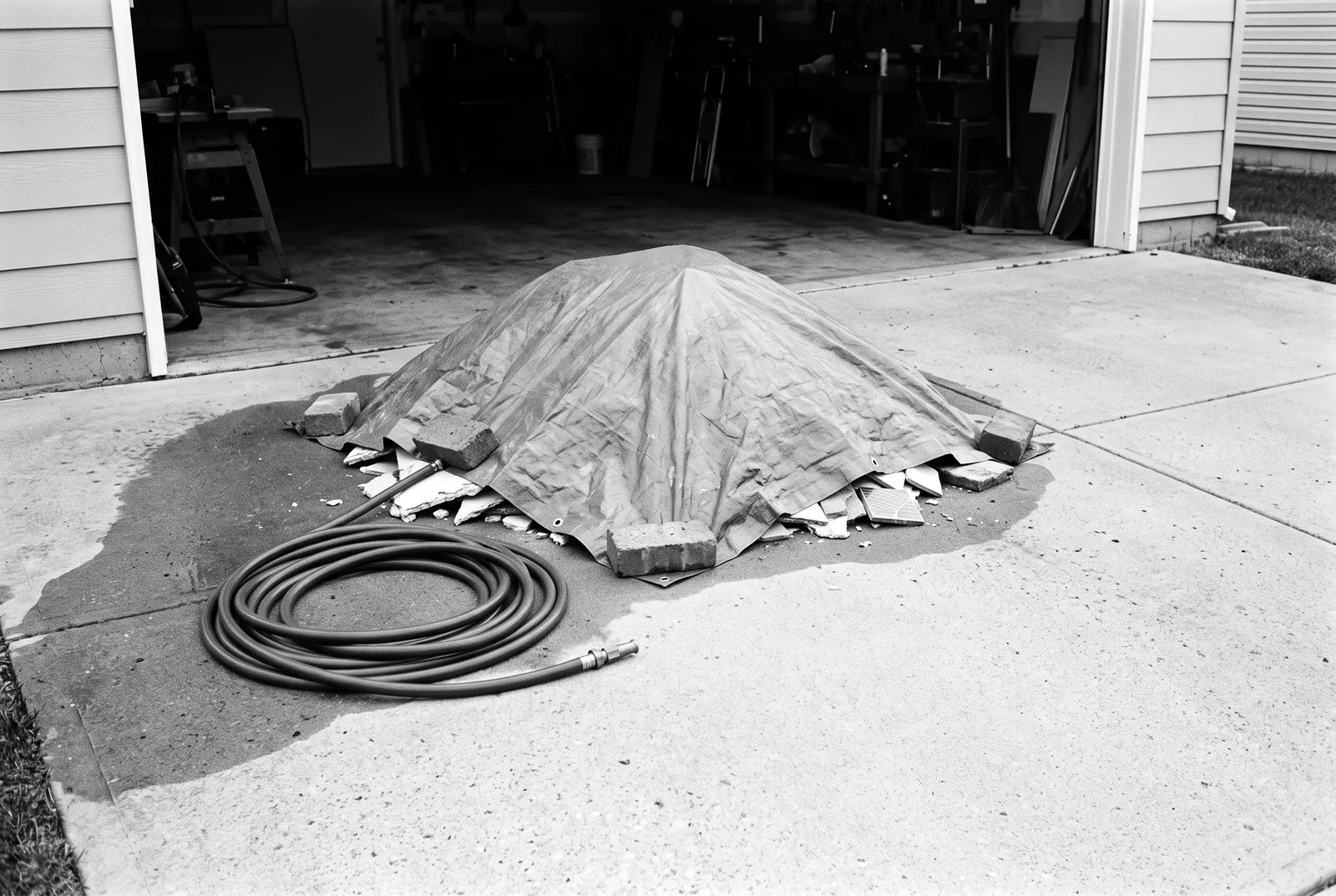 Render of a small debris pile under a tarp held down by bricks on a damp driveway, with a coiled garden hose beside it.