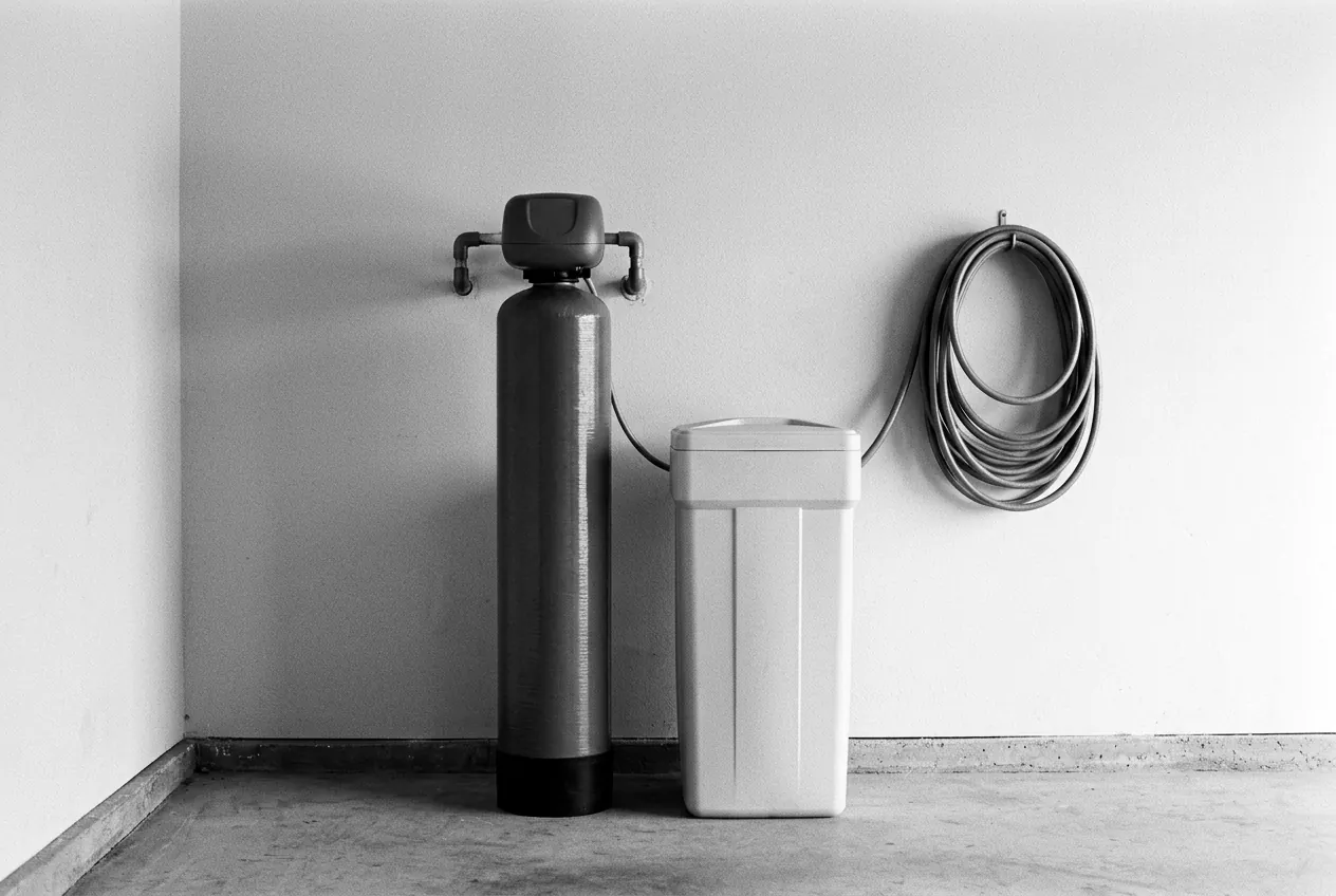 Render of a water softener in a garage corner, a tall resin tank beside a shorter brine tank.